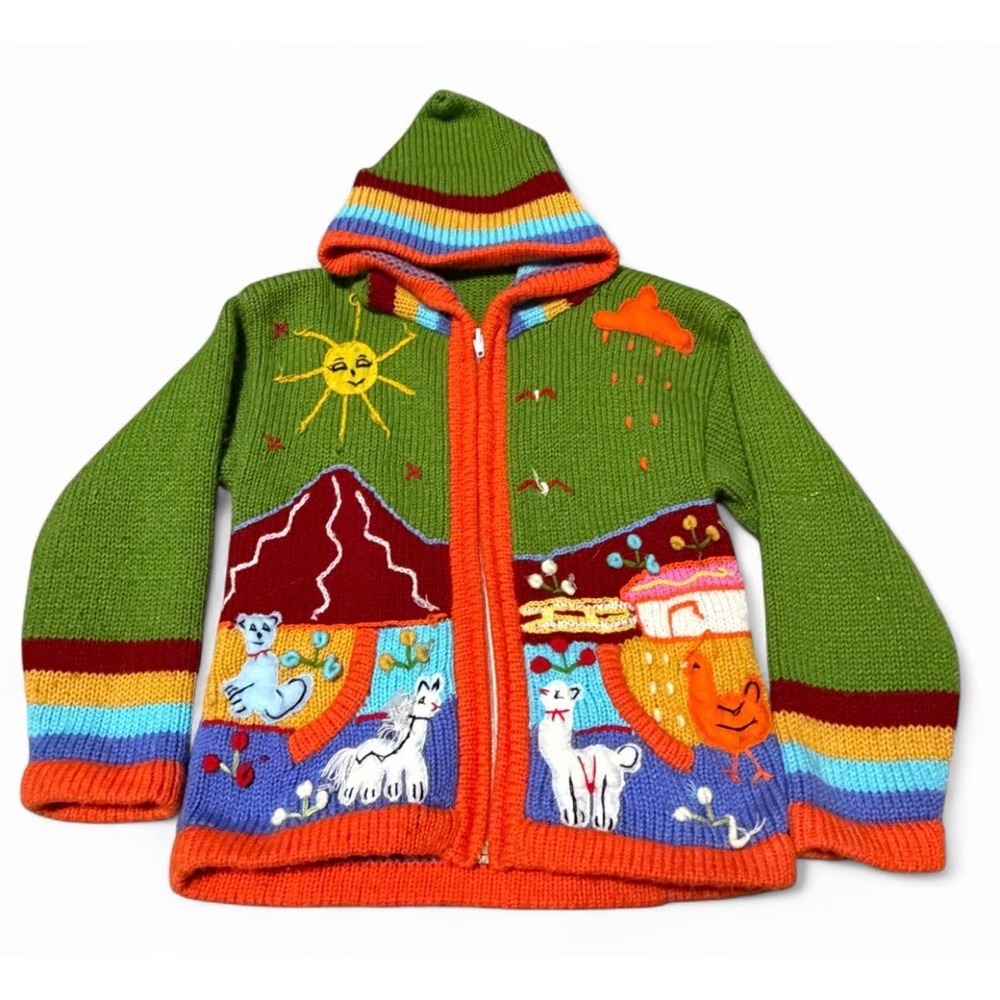 Vintage Kids Peruvian Knit Hoodie Sweater Farm Scene Llama Chicken Colorful Zip